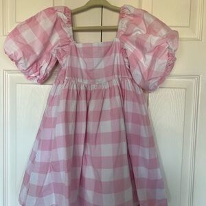 Pink and White Checkered Puff Sleeve Dress